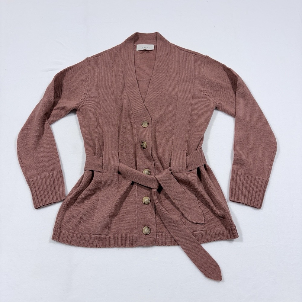 The Great Wayward Wool Belted V Neck Cardigan Dust Pink Varsity Preppy Old Money